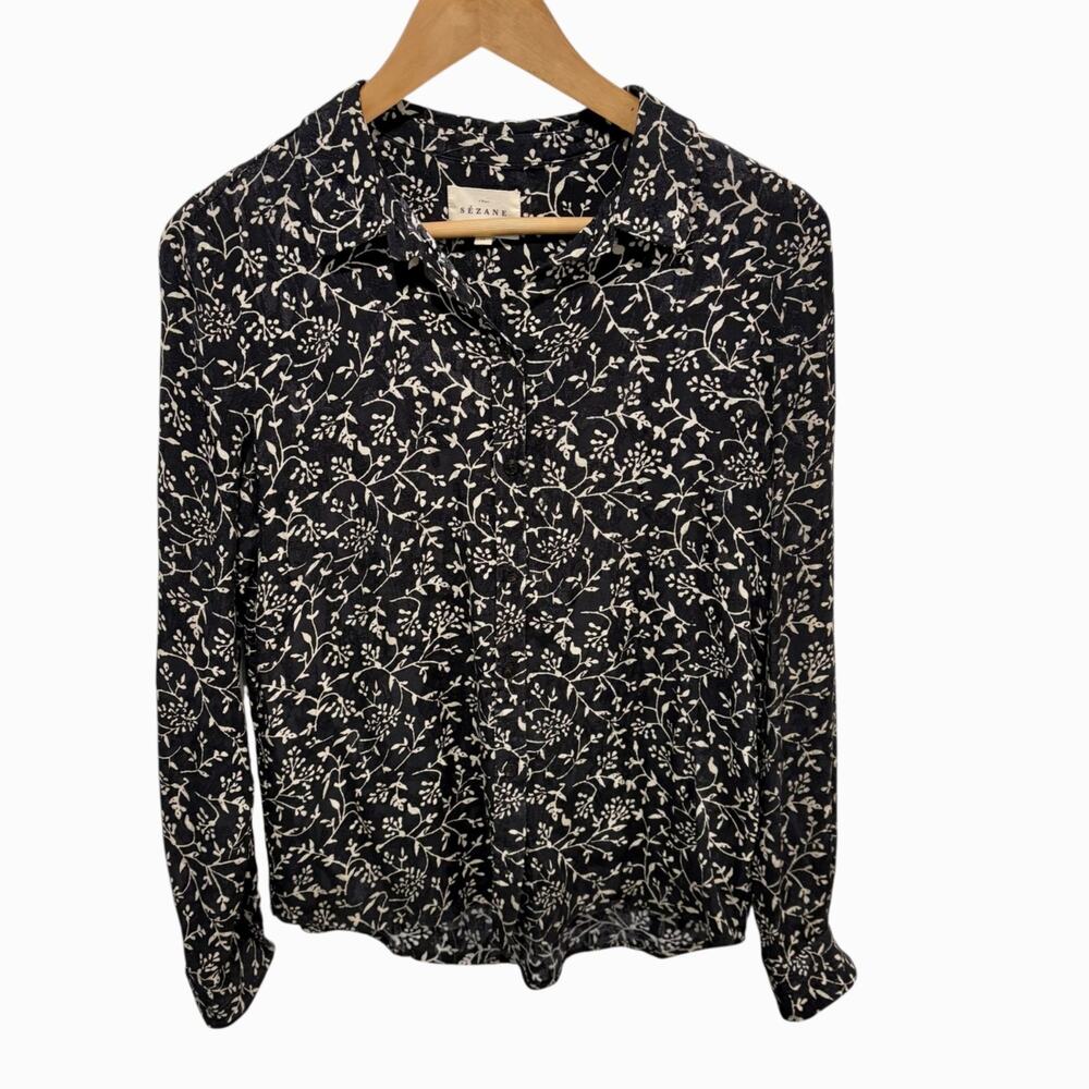 Sezane Ann Shirt Two-Tone Button Up Black Floral Print Women's 36/ US 4